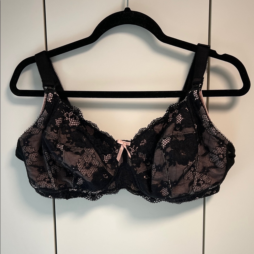 Pour Moi Chic Black Lace Wire Free Nursing Bra with Pink Accents